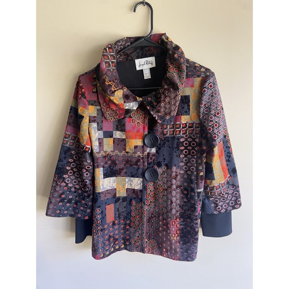 Joseph Ribkoff Womens 18 Jacket Black Multicolor Abstract Print 3/4 Sleeve